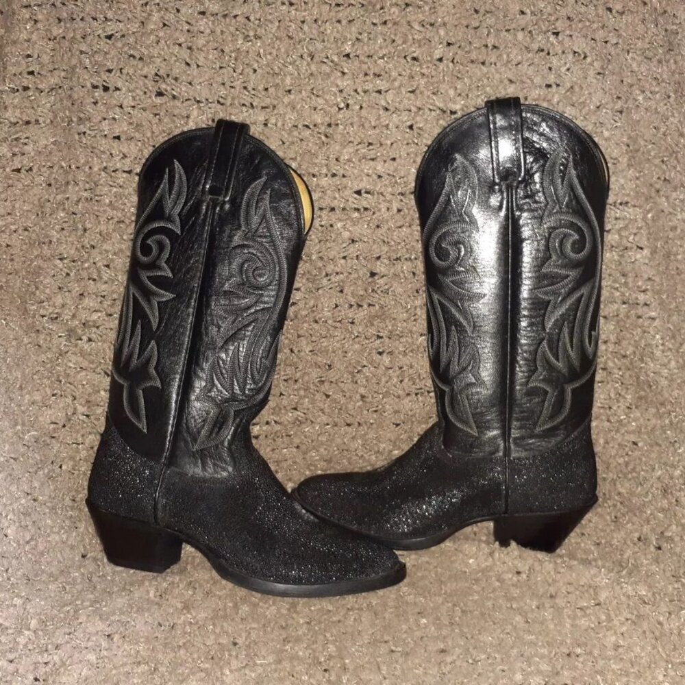 NOCONA-Classic Black Leather & Exotic Sting Ray Cowboy Boots-Sz 5C Nocona=6 Wome
